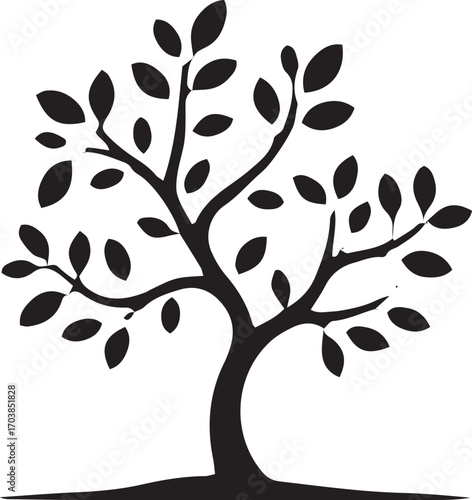 Stylized black tree silhouette with lush foliage and branches spread wide