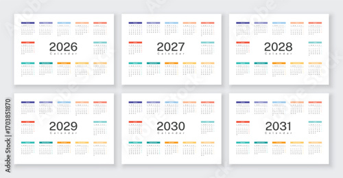 Calendar template in Spanish language for 2026, 2027, 2028, 2029, 2030, 2031 years, Set of annual on Spanish language calendar templates