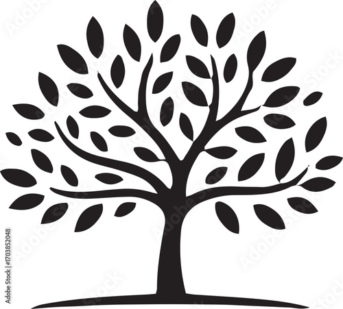 Stylized black tree silhouette with textured leaves and branches on