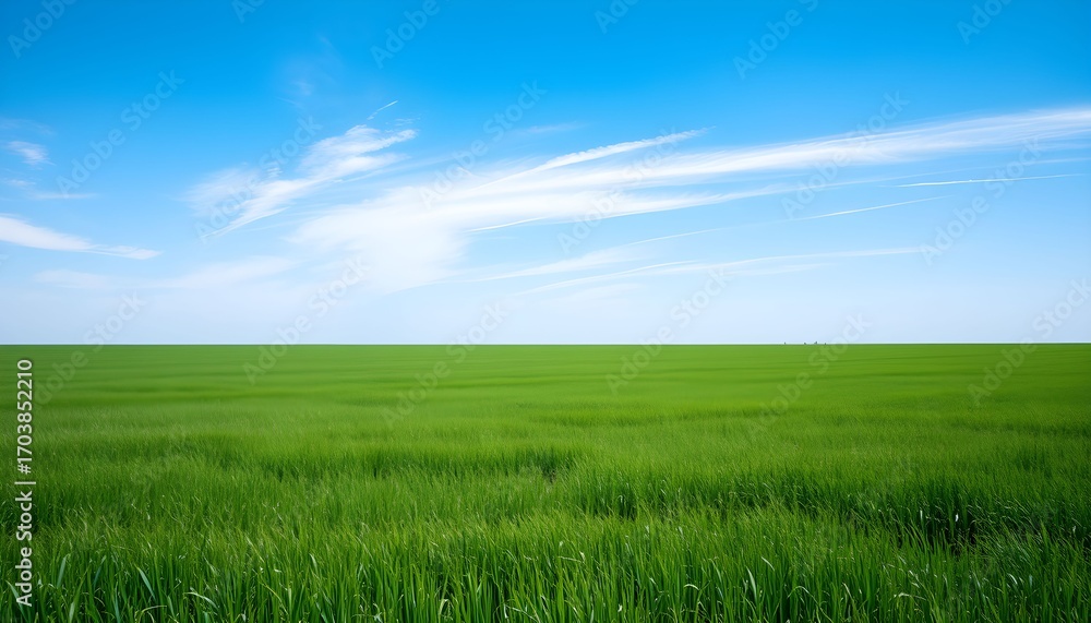 Obraz premium Vast expanse of vibrant green grass field under a clear blue sky with wispy clouds.