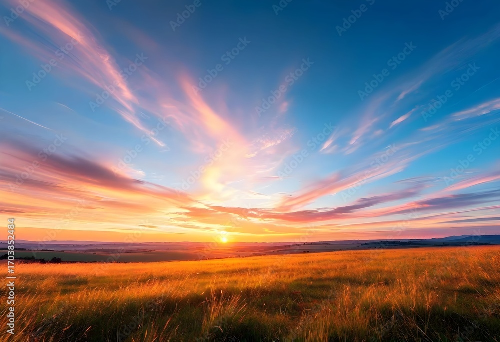 A vibrant sunset over a grassy field, with colorful clouds streaking across the blue sky.