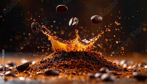 Coffee beans splashing into coffee grounds