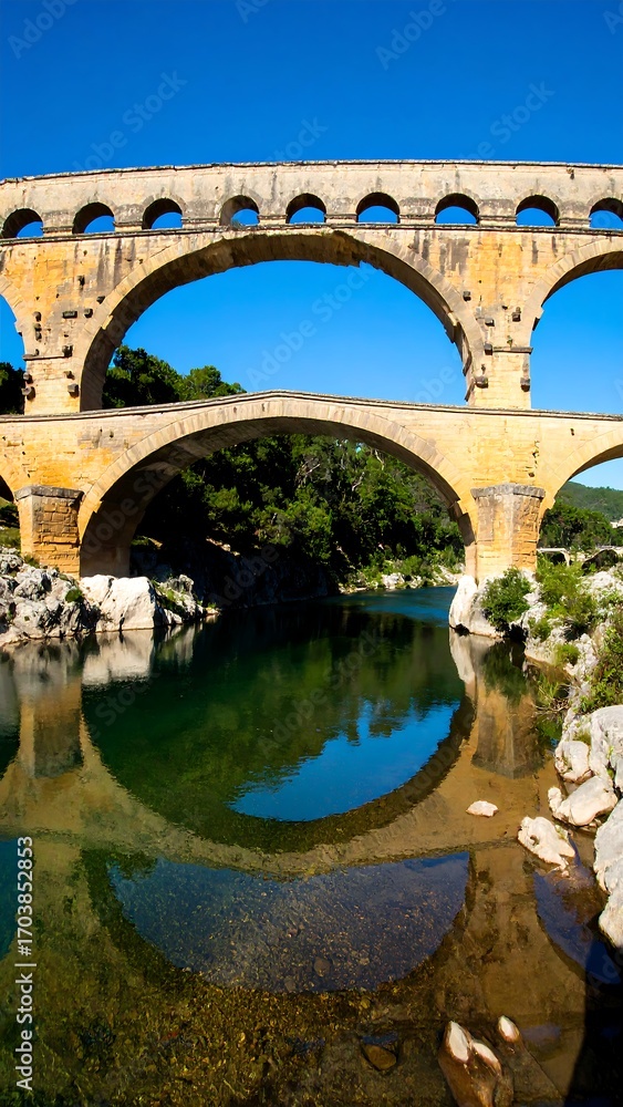 Fototapeta premium Ancient stone bridge reflecting in still water