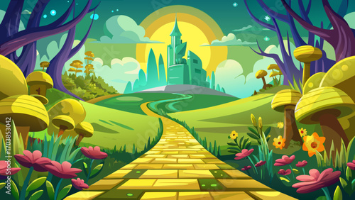 very beautiful Enchanted yellow brick road leading to magical emerald city in springtime , Fantasy, Oz, Magicians