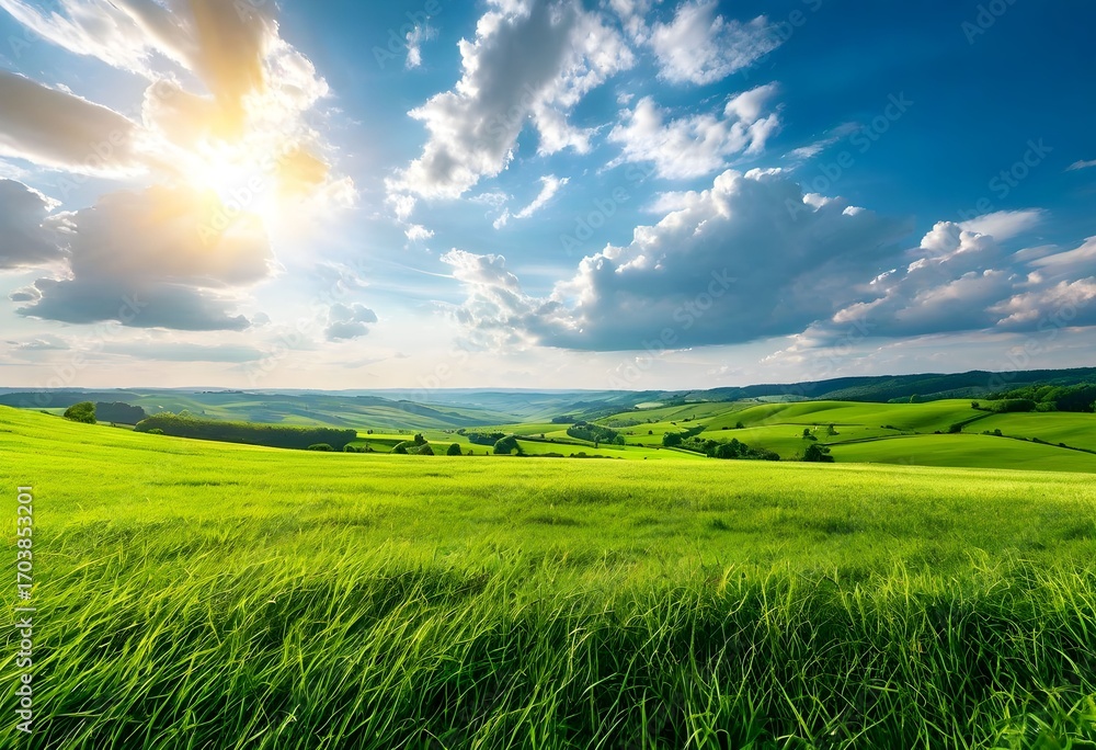 Obraz premium Sunlit rolling green hills and vibrant meadow under a partly cloudy sky.