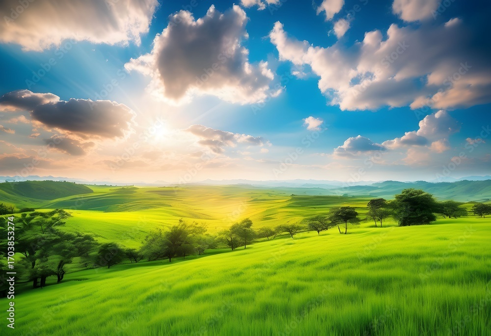 Obraz premium A vibrant landscape showcases a sunny meadow with rolling green hills and a bright sky.