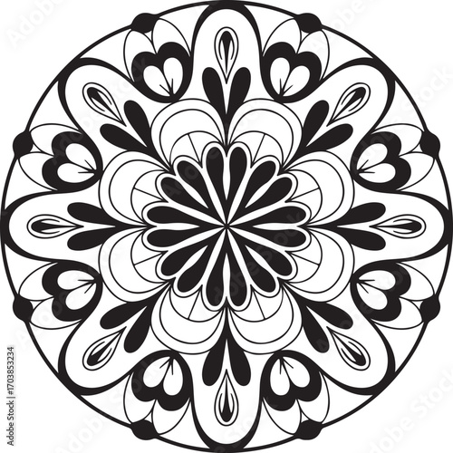 Intricate Black and White Mandala Design for Coloring or Decoration. A symmetrical mandala design, rendered in black and white, features a complex, detailed pattern radiating outward from a central po