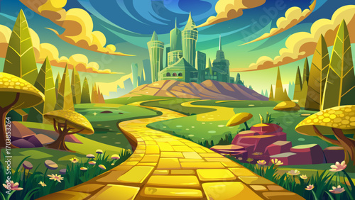 very beautiful Enchanted yellow brick road leading to magical emerald city in springtime , Fantasy, Oz, Magicians