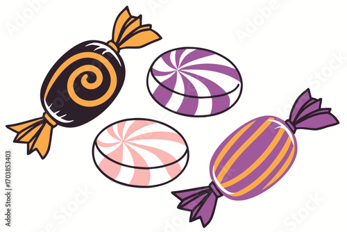 Colorful wrapped candies and swirl lollipops on white background