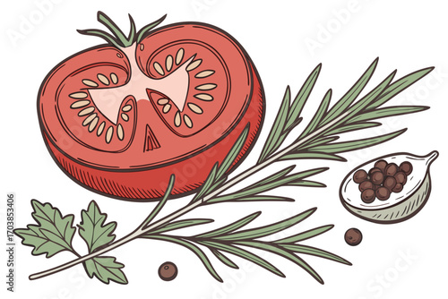 Fresh tomato slice with herbs and spices illustration