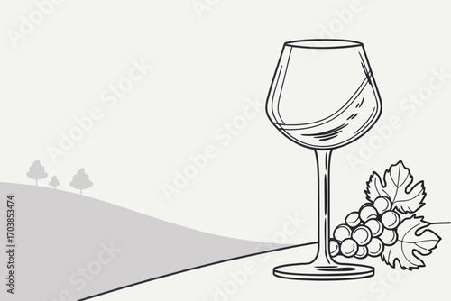 Elegant wine glass and grapes illustration with vineyard landscape