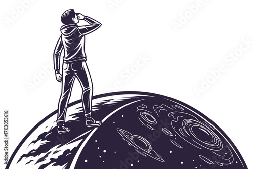 Man gazing out from a distant planet into the cosmos