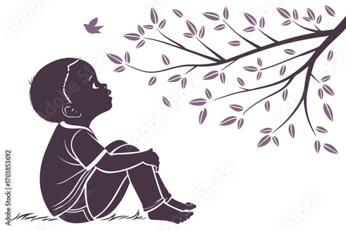 Child gazing up at tree branches and a bird