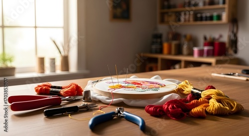 Embroidery Hoop with tools in home workshop editorial