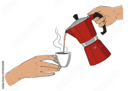 Hand pouring espresso from moka pot into cup vector