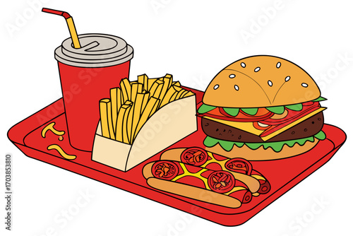 A colorful cartoon tray of fast food favorites