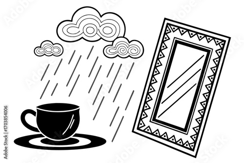Rainy day reflection with coffee and mirror