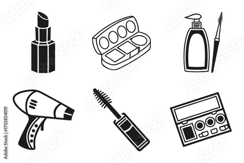 Collection of black and white icons representing makeup and beauty products
