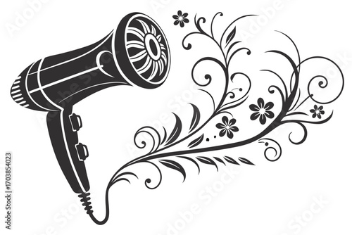 Stylized hair dryer with floral swirls and flowers