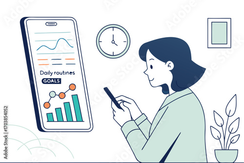 Woman tracking daily routines and goals on smartphone