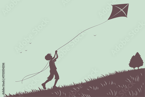 Child flying a kite on a grassy hillside