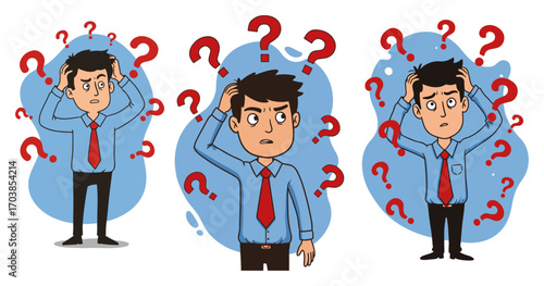Confused businessman with question marks set