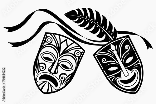 Tribal masks of joy and sorrow with feather and ribbons