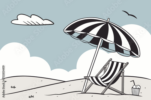 Beach scene with umbrella deck chair and drinks