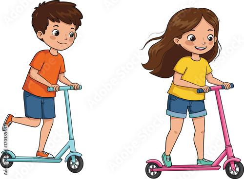 Cartoon kids riding scooters outdoors, playful children in motion, summer activity, healthy lifestyle, fun vector illustration for stock content