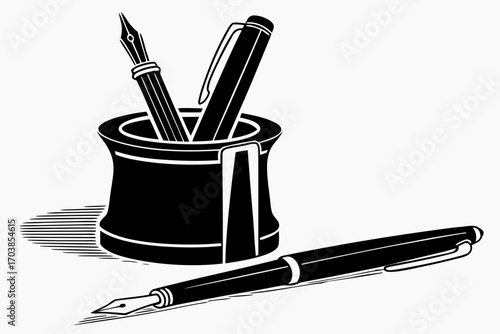 Classic fountain pens and holder in black and white illustration