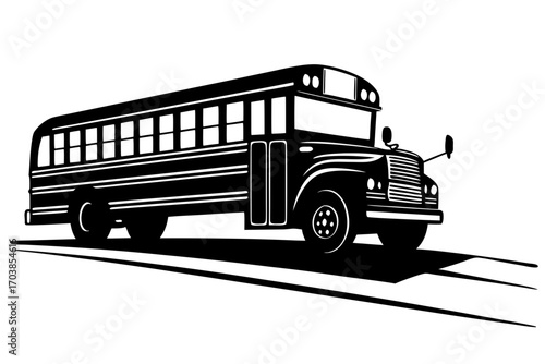 Classic school bus silhouette driving on a road