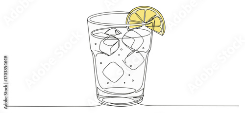 Glass of lemon water with ice continuous line vector