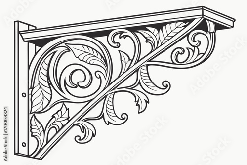 Ornate black and white decorative bracket with leaf motifs