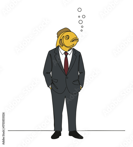 Surreal businessman with fish head and bubbles