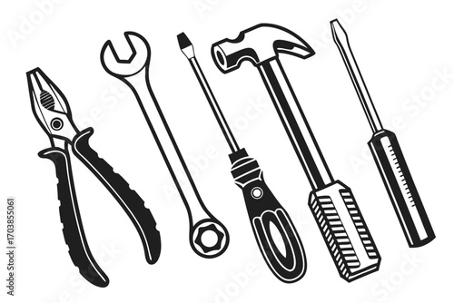 Collection of black and white hand tools on a white background