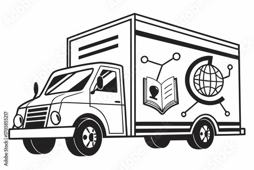 Delivery truck with book and globe symbols representing knowledge and global reach