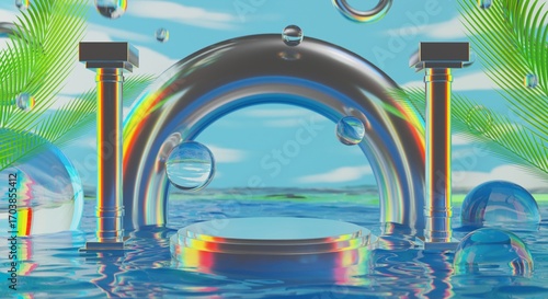 retro-future y2k 2000s frutiger aero aqua web 2.0 gloss with stage podium for product display showcase, 3d illustration rendering abstract background, technology and nature concept