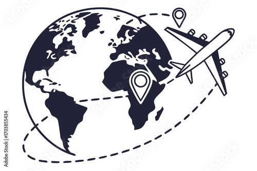 Airplane traveling around the world with location pins
