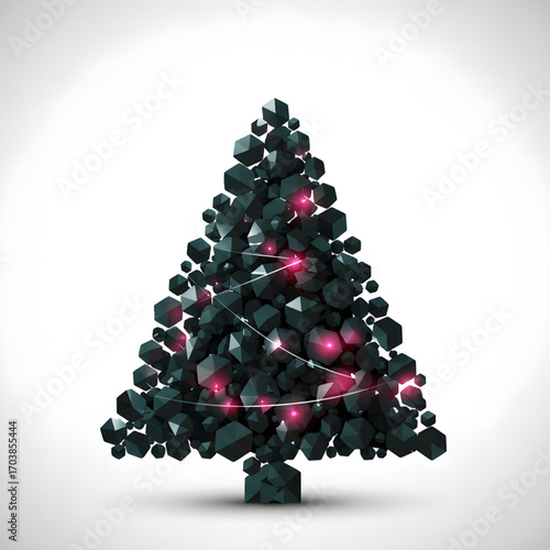 Geometric Cubic Christmas Tree with Pink Lights on Gradient Background