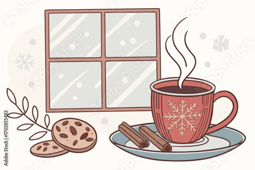Cozy winter scene with hot chocolate and cookies by the window