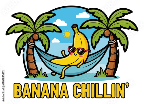 Banana with sunglasses relaxing in hammock cartoon vector