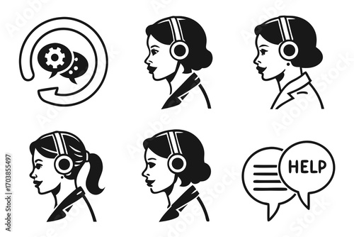 Customer service and support icons featuring people and communication