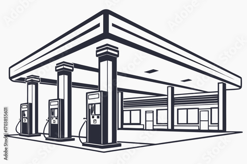 Stylized illustration of a modern gas station with pumps