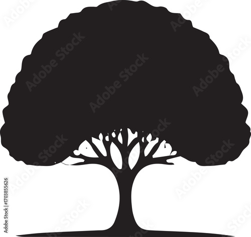 Bold black silhouette of a large mature tree with full canopy and detailed roots