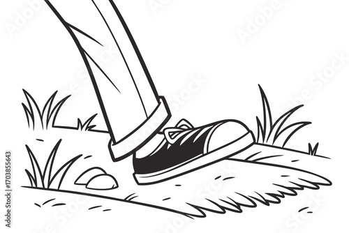 Cartoon foot stepping on grass and pebbles