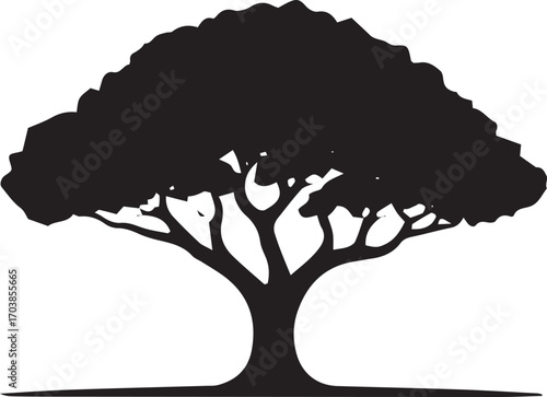 Iconic silhouette of a large deciduous tree with sprawling branches and dense foliage
