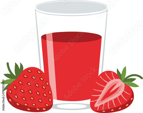 Fresh Strawberry Juice with Whole and Sliced Fruit, Minimalist Red Glass, and Healthy Sweet Berry Drink Art for Summer Refreshment, Nutrition, and Modern Food Product Design