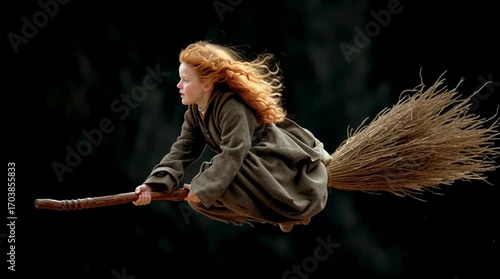 Magical young witch with red hair flying broomstick Halloween fantasy child costume background