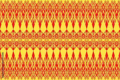 A seamless border pattern of intricate red geometric motifs, including diamonds and meanders, on a yellow background, inspired by traditional tribal and ethnic textiles.