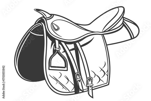 Black and white illustration of a horse saddle